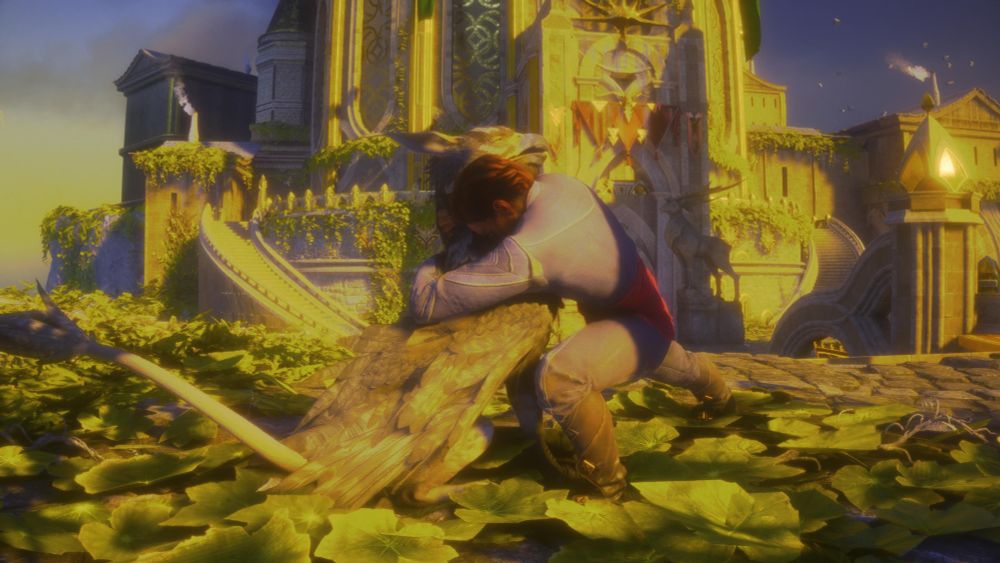 My customer character hugging Assan, a young gryphon 