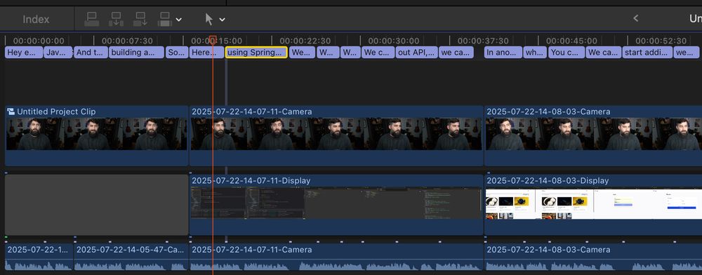 A video editing timeline for Final Cut. It shows the video lanes and the captions above it