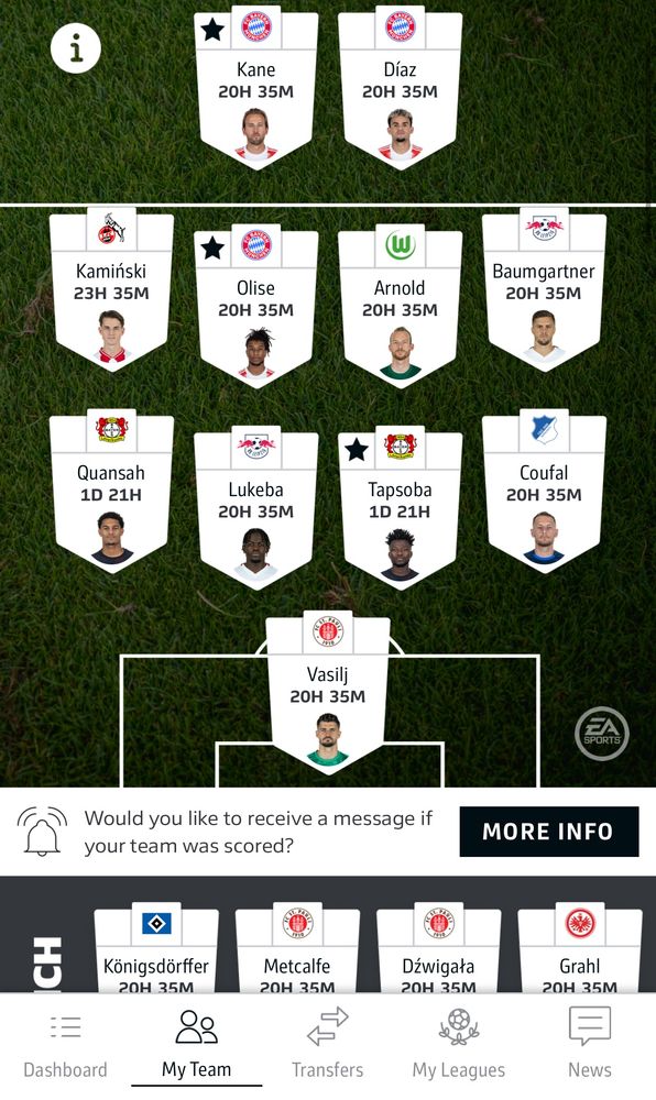 my fantasy Bundesliga lineup for this week: Kane, Diaz, Kaminski, Olise, Arnold, Baumgartner, Quansah, Lukeba, Tapsoba, Coufal, and Vasilj, with Konigsdorffer, Metcalfe, Dzwgala, and Grahl on the bench