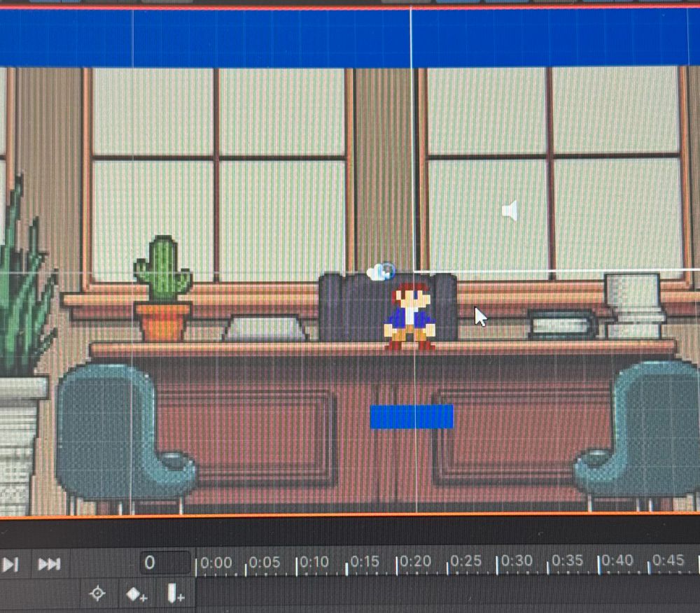 A computer screen featuring a pixelated office background and a Mario-like character