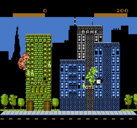 image from the nes console version of Rampage where two nude men transformed into Big Ape and Large Lizard do wanton property destruction