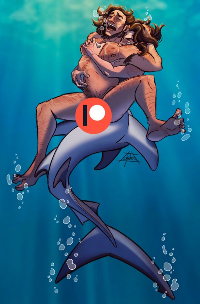 Fully colored image of mershark silco and vander underwater, censored by the patreon logo, but implying that silco is fucking vander from behind, same pose as prev