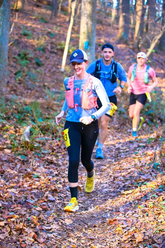 Christiana Fogg, 11.7 miles into the 2024 Stone Mill 50-miler.  Photo: Dan Reichmann, MCRRC