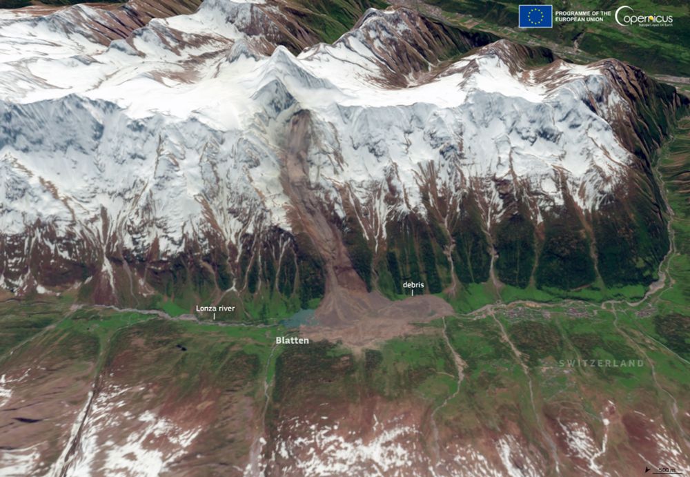 Copernicus Sentinel-2 image of the collapsed Birch glacier. CREDIT: European Union, Copernicus Sentinel-2 imagery via Wikimedia