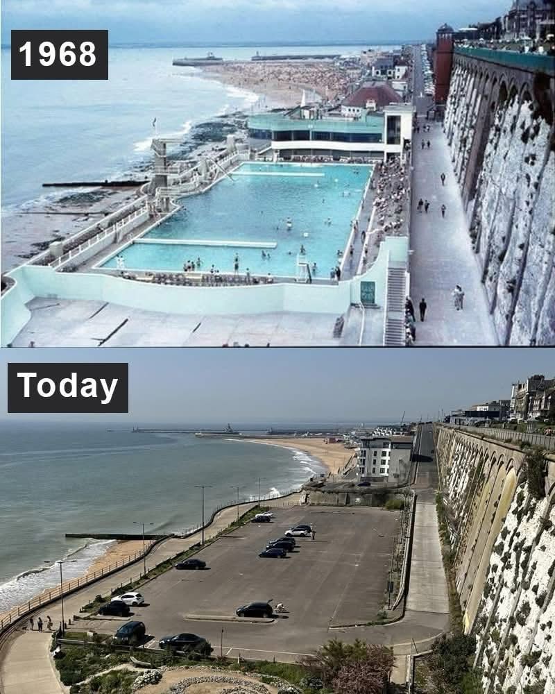 Before and after image of a seawater pool now a surface car park! 