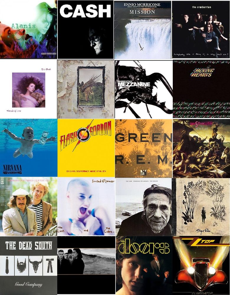 A collage of 20 album covers in a 4 x 5 grid, posted as part of the #20AlbumCovers meme. In no particular order, they are: 
Queen - Flash Gordon
The Dead South - Good Company
R.E.M. - Green
The Doors - The Doors
ZZ Top - Eliminator
Moving Hearts - Moving Hearts
Sigur Ros - Takk
Ennio Morricone - The Mission
Sinéad O'Connor - The Lion and the Cobra
Alanis Morissette - Jagged Little Pill
The Cure - Standing on a Beach
The Cranberries - Everybody Else Is Doing It, So Why Can't We?
Nirvana - Nevermind
Massive Attack - Mezzanine
The Pogues - Rum, Sodomy and the Lash
Kate Bush - Hounds of Love
Led Zeppelin - Led Zeppelin IV
Simon & Garfunkel - Greatest Hits
Johnny Cash - American IV
U2 - The Joshua Tree