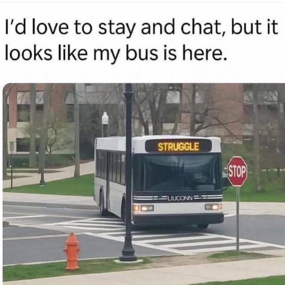 I'd love to stay and chat, but it looks like my bus is here.

Det kommer en buss. På den står

STRUGGLE