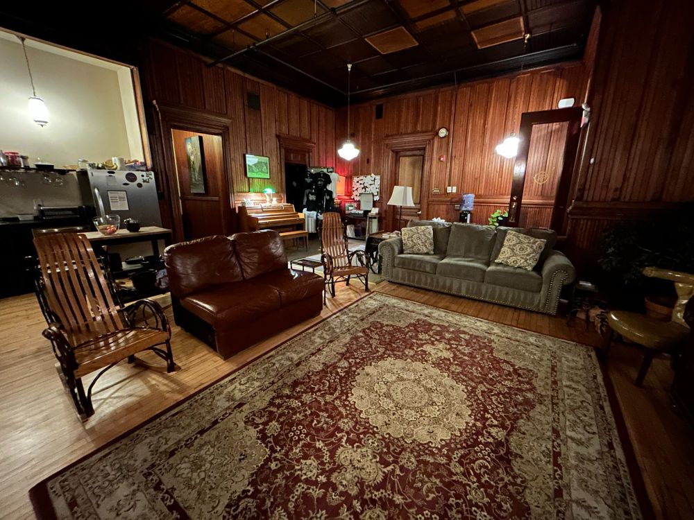 Cozy hotel great hall -- shared kitchen too!