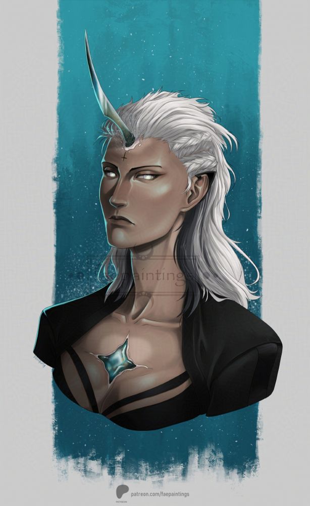 Portrait of a female character with white hair and a horn made of labradorite.