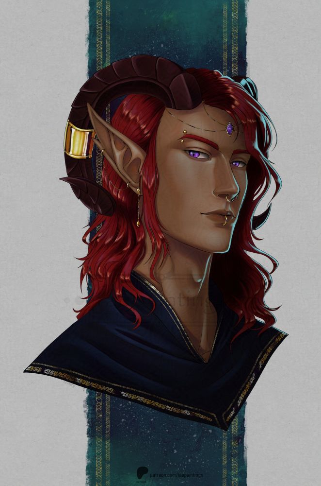 Portrait of a male character with horns, red hair and golden jewelry.