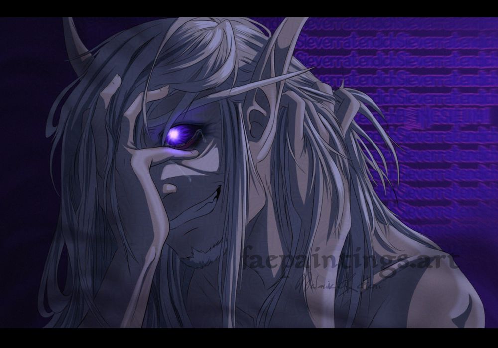 Cel-shading portrait of a white haired bloodelf with void-tainted eyes in desperate insanity.
