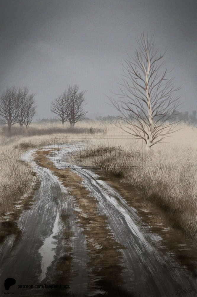 Landscape painting of a muddy pathway in moody atmosphere.