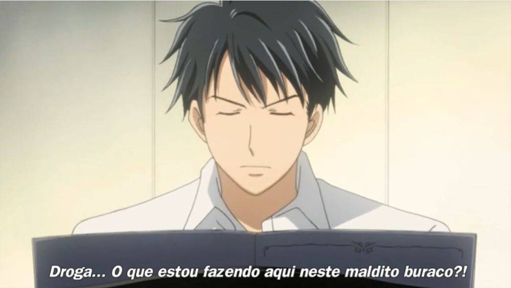 Personagem do anime Nodame Cantabile tocando piano e dizendo "Droga... O que estou fazendo aqui neste maldito buraco?"