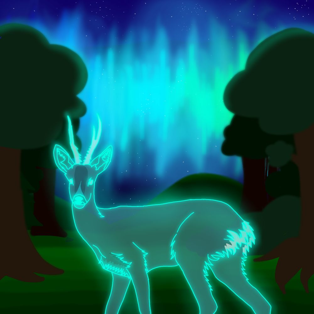 Song cover I drew for my partner, it's a ghost deer with northern lights in the sky