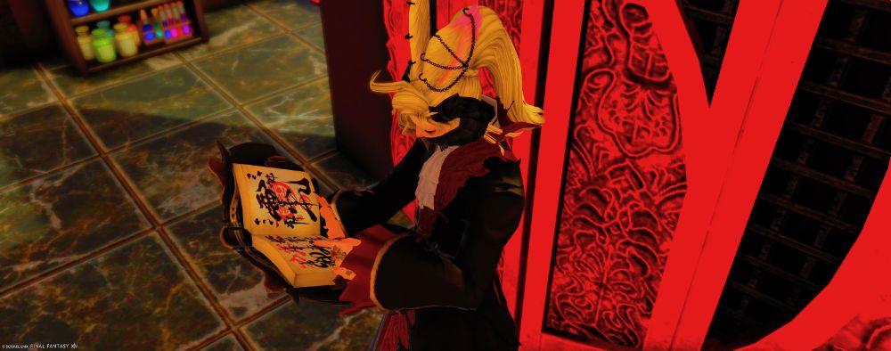 Blond male viera character reading a book written in what looks like kanji