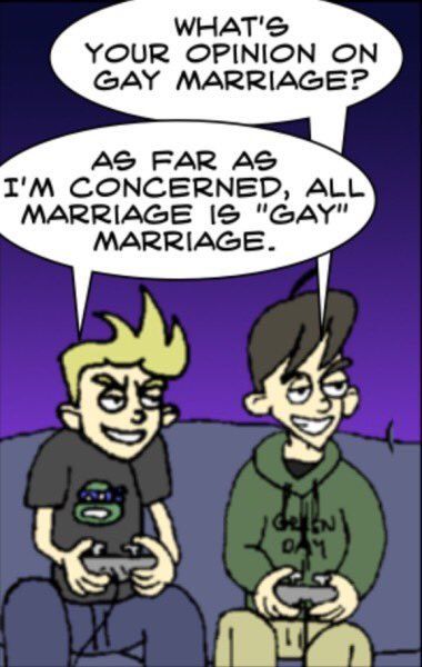 Image of a comic panel in which one guy asks another "What's your opinion on gay marriage?" to which the other guy replies "As far as I'm concerned, all marriage is "gay" marriage"