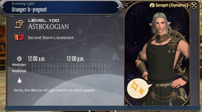 Adventure plate for a FF14 player named Urianger Is-pregnant