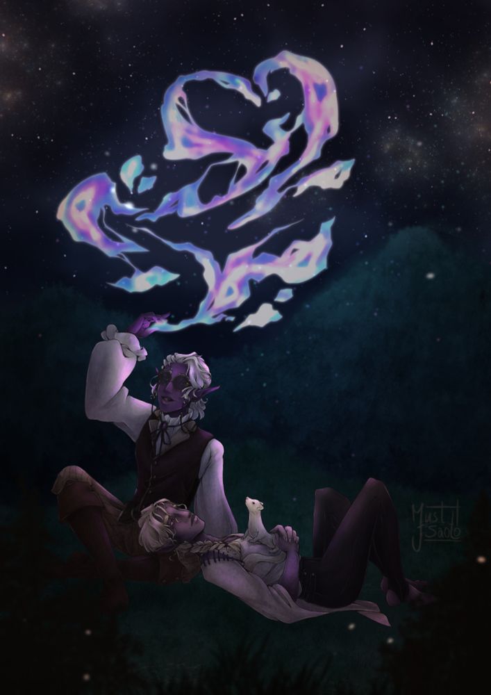 Two drow men underneath a starry sky. The first, Solas, is sitting up and creates a heart out of glowy magic above their heads. He has bright purple skin and white hair, and wears more noble looking clothes. The other one, Callimar, rests his head on Solas' leg and looks up to the heart in the sky. He has less saturated purple skin and a warmer shade of white as his hair colour. He's wearing a white shirt with long, open sleeves, as well as black, tight-fitting pants. On his torso sits a white ferret, Lady, also looking up in wonder.