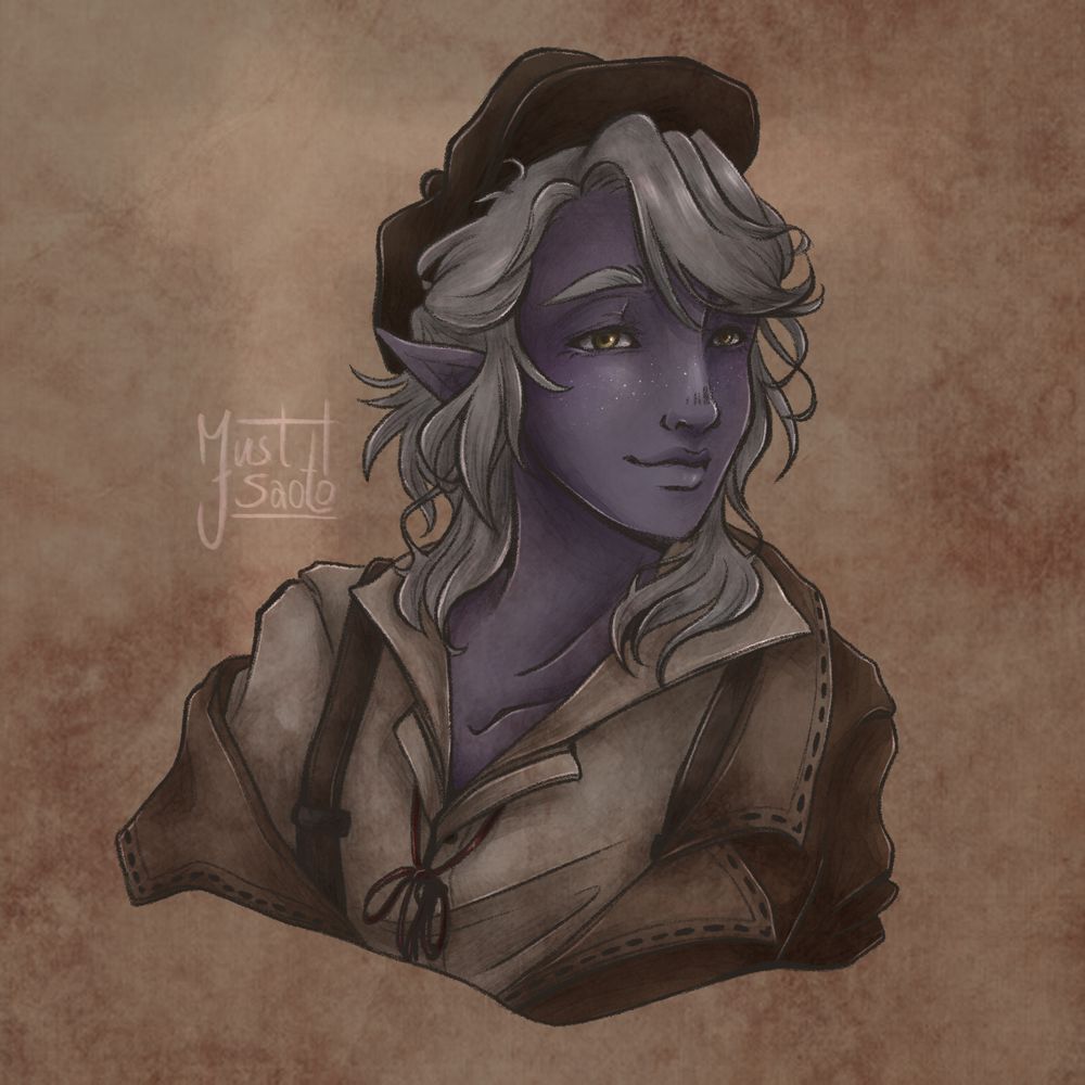 portrait of Luvón, an elf with purple skin and white hair. His eyes are yellow and he has slight white freckles. He's wearing an oversized brown jacket, a white shirt and a brown paperboy-cap. He's wearing a red string as a necklace.