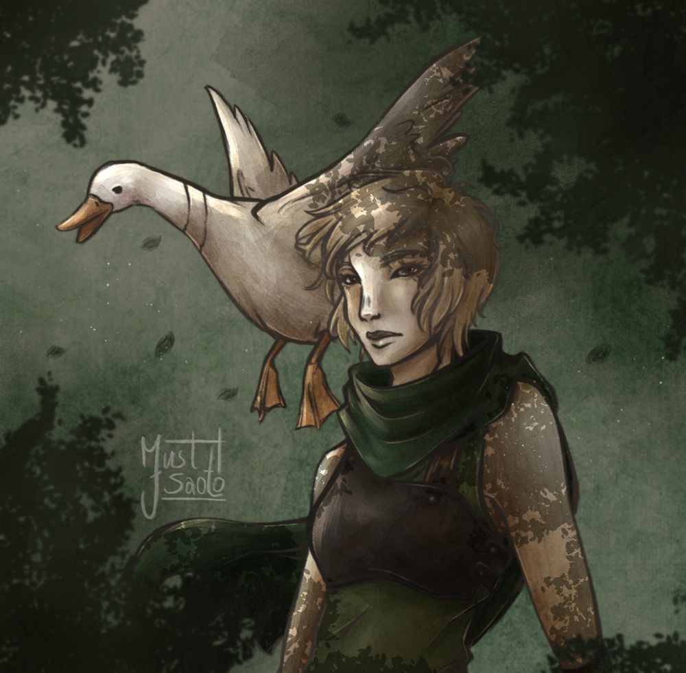 Lorasha, the OC of Hielo, and her companion, a duck. Lora has light skin, light hair and red eyes due to her albinism. She wears a green shirt, dark green scarf and cape, and a black leather breastplate. The duck is flying behind her. They are in a forest or sth.