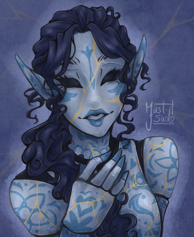A portrait of a woman made out of porcelain. Her skin is smooth and white, and her limbs seems to be attached like a doll's. Her eyes are big and pitch black, and her hair is curly/wavy and dark blue. She has blue markings all over her skin, like painted porcelain. There are yellow/golden cracks all over, like the art of kintsugi, where broken ceramics are fixed with golden lines, making it even more beautiful.