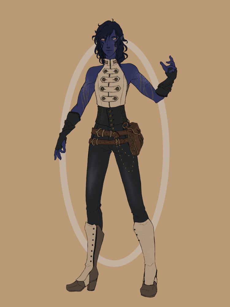 My OnP OC Fenn in their date outfit. They are a lapis lazuli elf (meaning they have golden patterns like a lazuli gemstone), with blue skin and short, wavy blue hair. Their eyes are golden. They are wearing a skin-tight beige shirt, sleeveless, with buttons on the front. The wear black gloves, and black leather pants. They wear high-heeled boots in brown and beige. On their hips are belts, a brown bag with golden rims, and golden chains.
