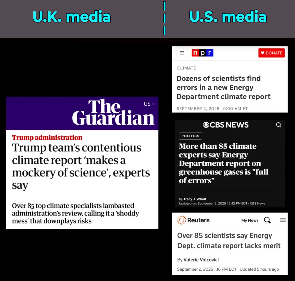 A Study in Headlines U.K. MEDIA vs U.S. MEDIA ____________ U.K. MEDIA: The Guardian Category: Trump administration Trump team's contentious climate report 'makes a mockery of science', experts say Over 85 top climate specialists lambasted administration's review, calling it a 'shoddy mess' that downplays risks ____________ U.S. MEDIA: NPR Category: CLIMATE Dozens of scientists find errors in a new Energy Department climate report ----- CBS NEWS Category: POLITICS More than 85 climate experts say Energy Department report on greenhouse gases is 