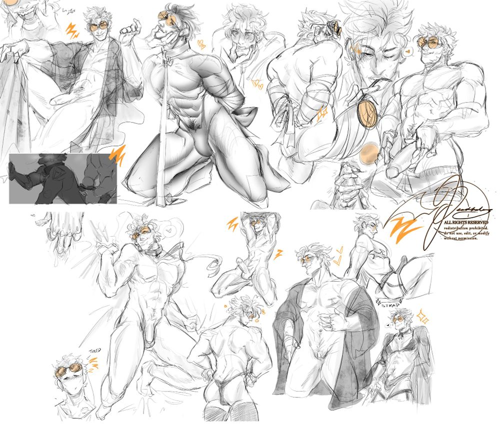 A sketchpage compilation of a bunch of black and white sketches of Amir Beckett from Warframe. There is only one colour on the page and thats the occasional yellow highlight on his glasses and some graffiti around the page. The page is entirely NSFW and showcases a bunch of different poses and kink, including bondage/soft bdsm, oral fixations, leashes and collars and more.