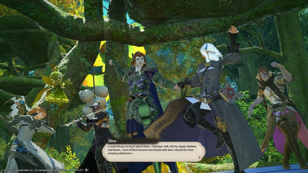 A screenshot showing Elina and her party members friends dancing with the sylphs 

Elina (from the present) says: "I could tell you so much about them... Fraeswyn, Arik, Fihri'to, Agnes, Baldwyn and Kieran ... Each of them became the friends with who I shared the most amazing adventures !"