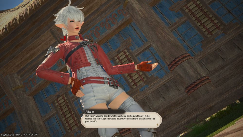 A screenshoot from FFXIV showing Alisaie standing in Tuliyollal. She has an angry expression and says "That wasn't yours to decide what Elina shoud or shouldn't know ! If she recalled this earlier, Sphene would never have been able to blackmail her ! It's your fault if-"