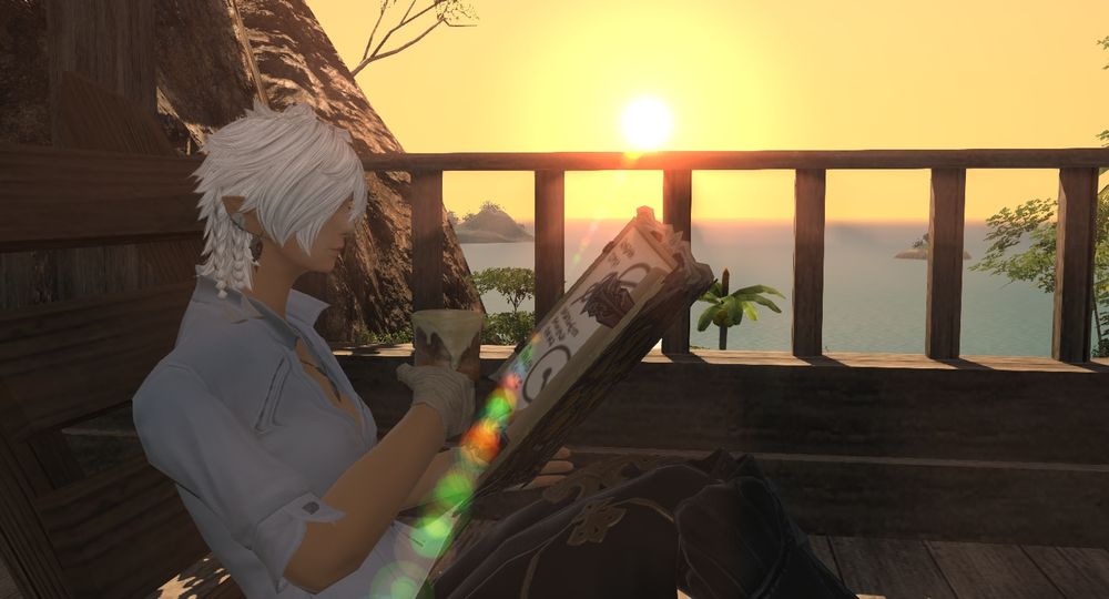 Elina resting in her island sanctuary. She's reading a book while drinking some tea in one of the houses of the island at sunset