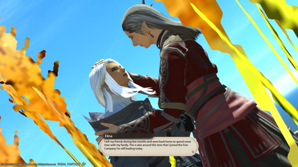 Elina meeting her mother once again.

"I left my friends during few months and went back home to spend some time with my family. This is also around this time I joined the Free Company I'm still leading today "