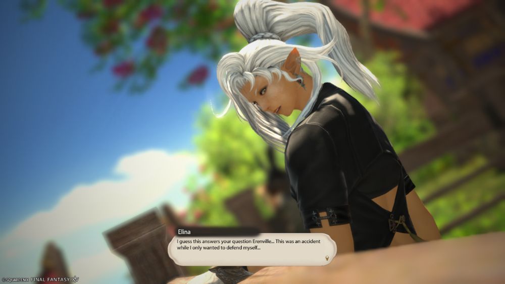 A gpose of Elina, in a similar pose than the previous screenshoot. In the background we can see Erenville's silhouette.
Elina says: "I guess this answers your question Erenville... This was an accident while I only wanted to defend myself..."