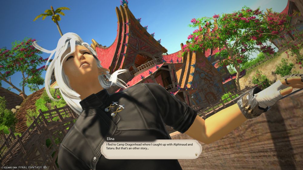 A gpose showing Elina looking near the sky with a painful expression 
She says: "I fled to Camp Dragonhead where I caught up with Alphinaud and Tataru. But that's another story..."