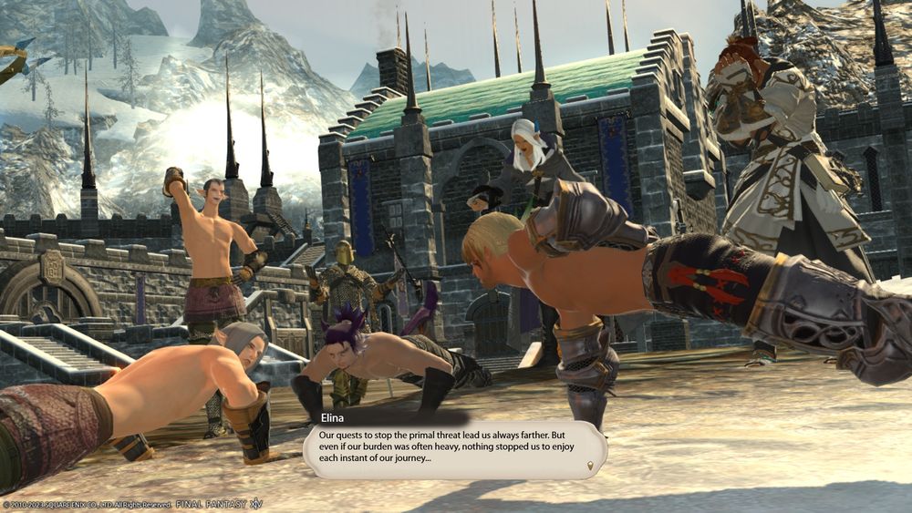 A screenshot in camp dragonhead. Ishgardian knights are having a friendly exercise competition with H'maro and Baldwyn. Elina is laughing looking at them while Kieran is facepalming.

Elina :" our quests to stop the primal threat lead us always farther. But even if our burden was often heavy, nothing stopped us to enjoy each instant of our journey."