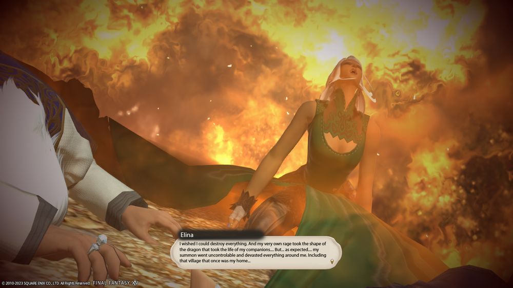 A gpose showing Elina screaming in the middle of a fire after witnessing the death of her parents. Elina's parents bodies appears in foreground. Despite not figuring on the screen (due to gposes limitations), the Crystal Braves burned in the fire.

Elina narrates: "I wished I could destroy everything. And my very own rage took the shape of the dragon that took the life of my companions... But... as expected... my summon went uncontrolable and devasted everything around me. Including the village that once was my home..."