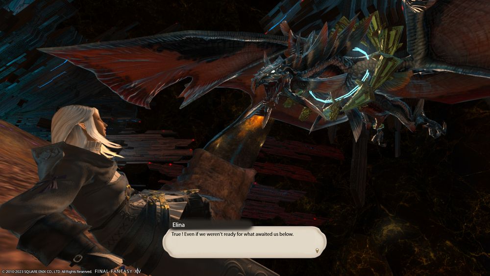 A gpose of Elina facing the dragon Twintania in the First Coil. Elina is on the floor and has a terrified expression.

Elina still narrates: "True ! Even if we weren't ready for what awaited us below"