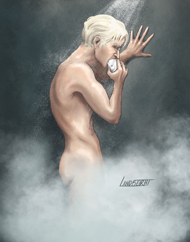 Illustration of a Naked Draco Malfoy crying in the shower and biting a washcloth. 