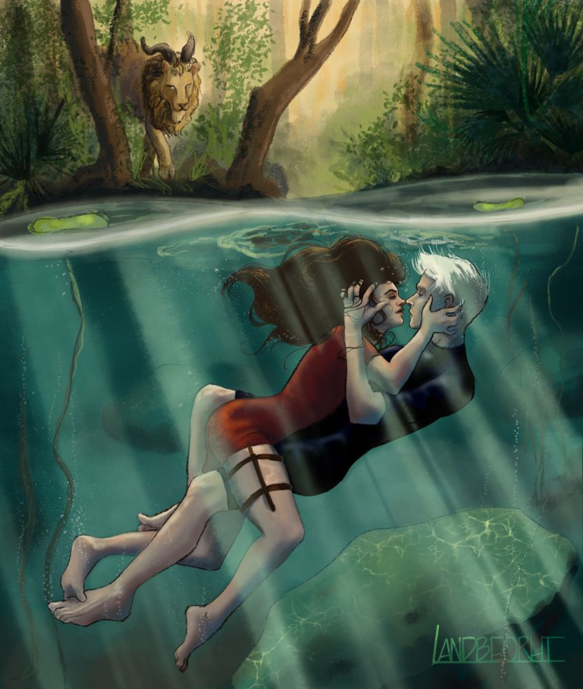 Illustration of Draco and Hermione embracing underwater in a clear jungle lagoon while a Chimaera looks on from the bank. 