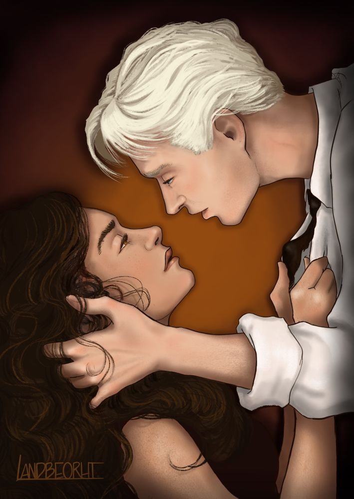 Illustration of Hermione and Draco as adilts in a near kiss. 