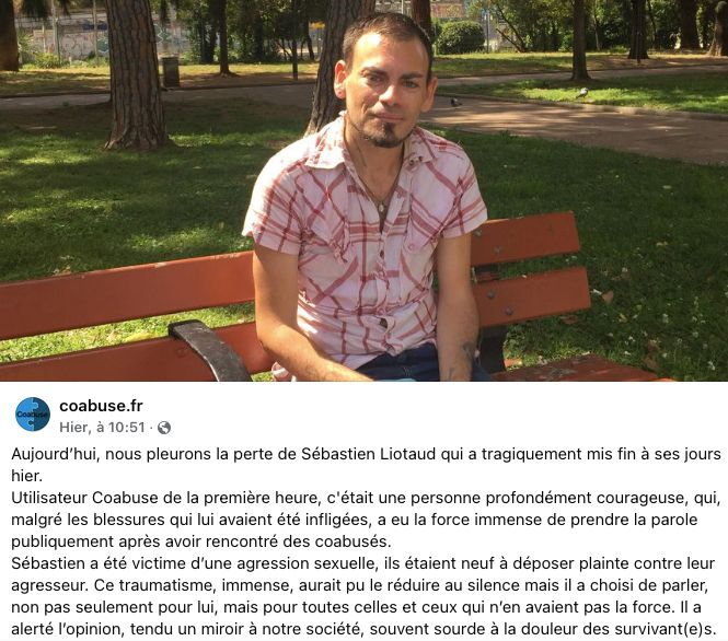 Photo de Sébastien et l'annonce de son décès par Coabuse.fr sur Facebook. 