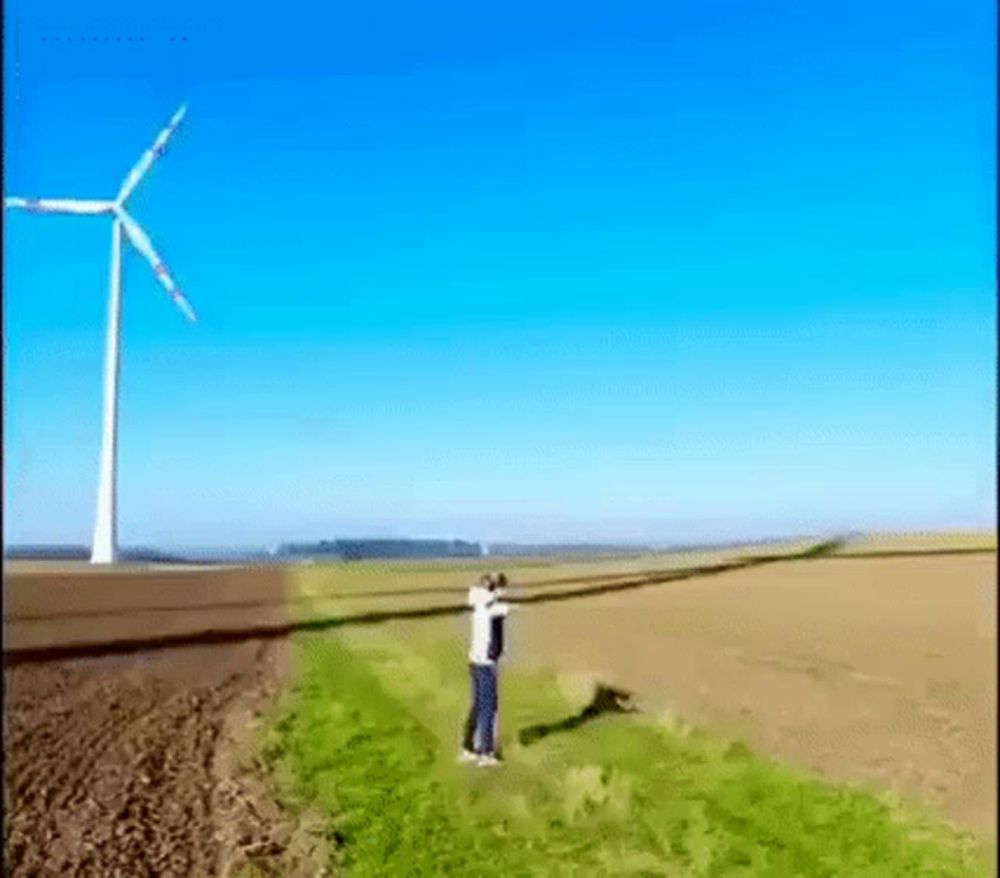 a person is standing in front of a wind turbine in a field .