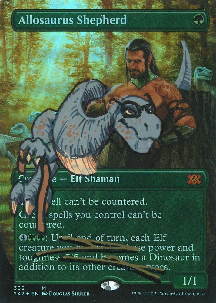 Allosaurus Shepherd card from Magic: the Gathering altered by its artist, Douglas Shuler, to include Old Fogey 