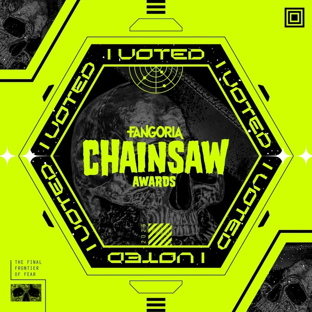 Image in acid yellow-green with hexagons in black patterned with a skull motif. A central hexagon says "I voted" around the sides, and in the center of the graphic, reads, "Fangoria Chainsaw Awards." Small black text in the lower left says "The Final Frontier of Fear."