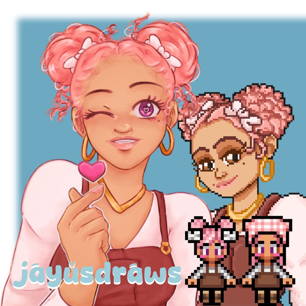 Two pixel sprites, one pixel portrait, and a halfbody character illustration of a farmer themed character for Fields of Mistria