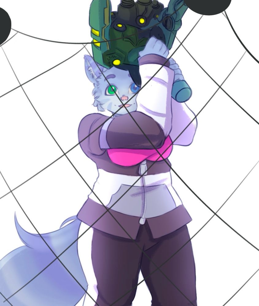 Half body of a cat character with a net gun