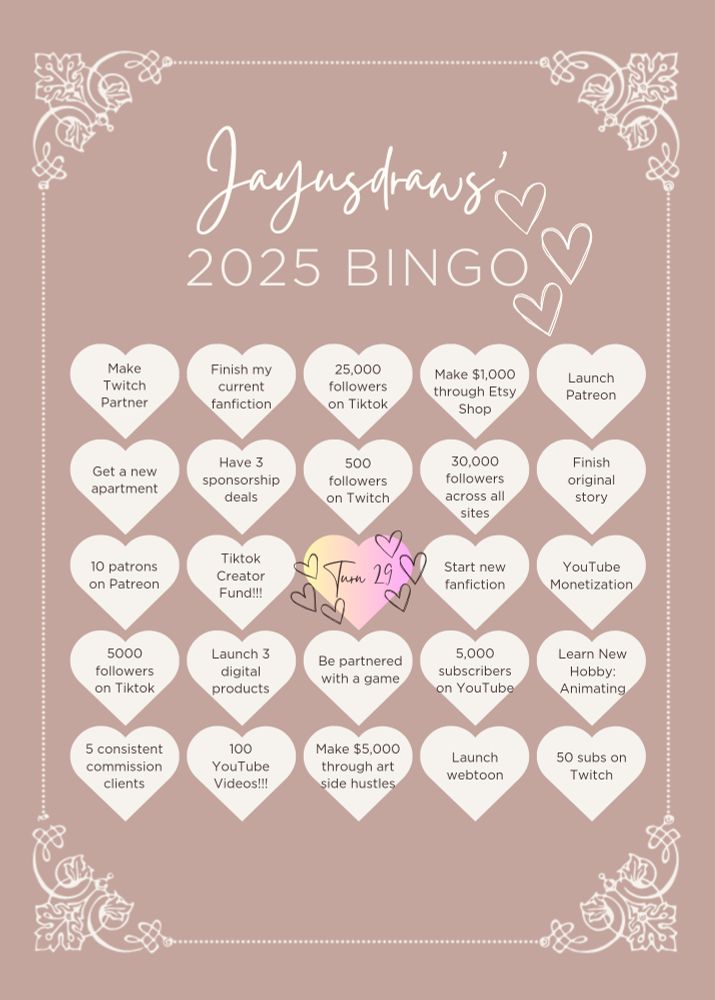 Bingo Card style goal setting chart for 2025