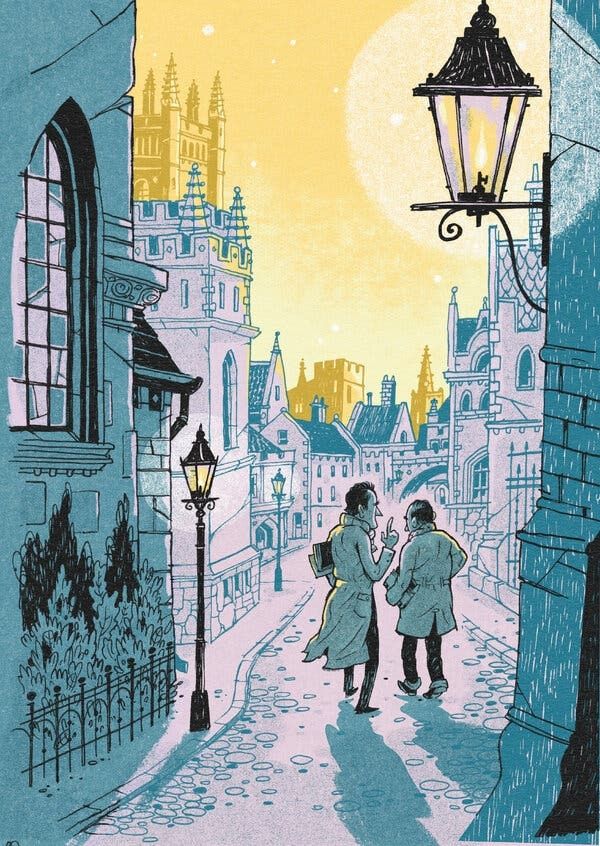 An illustration of JRR Tolkien and CS Lewis walking in Oxford England 