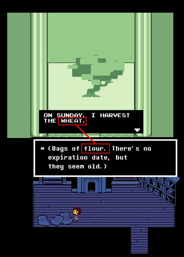 On top, a screenshot from Deltarune Ch 3. It depicts the hidden secret room in which the forgotten man behind the tree mentions that "On Sunday, he harvests the wheat.". Below, a screenshot from the 10th anniversary undertale stream. Frisk examines a large bag which is described as "Bags of flour. There's no expiration date, but they seem old.". 