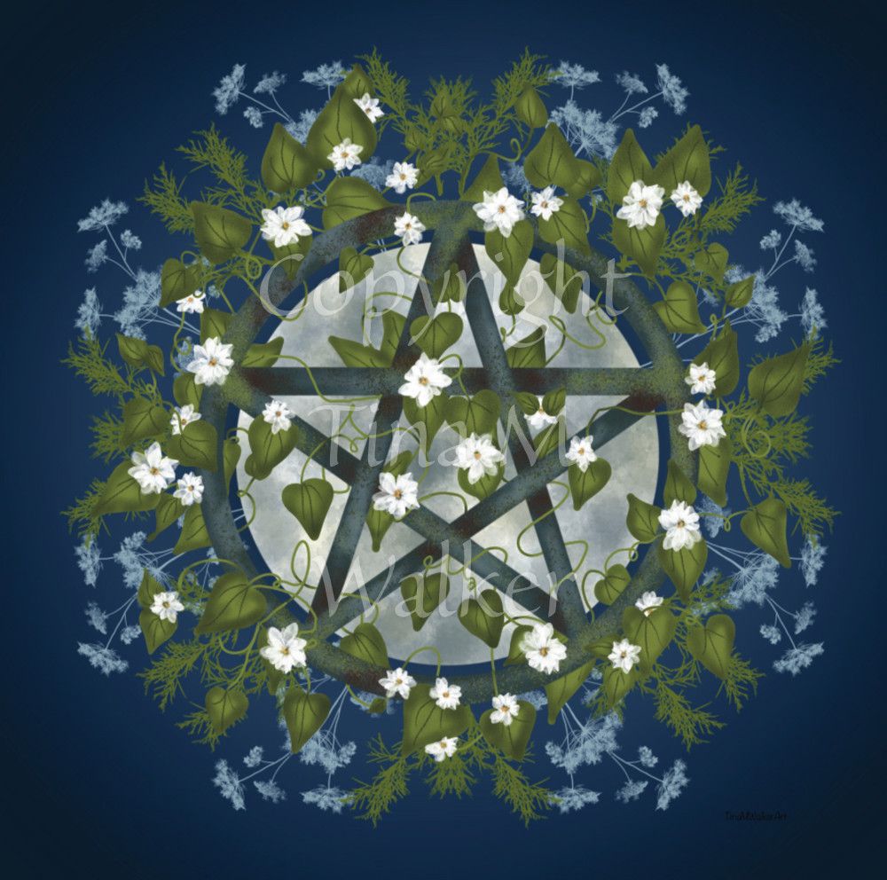 A pentacle symbol overlaid with green leaves, foliage and white flowers which extend outwards towards the edge of the design. A silvery full moon shines behind and within the circle of the pentacle. The background is deep blue.